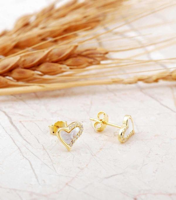 Sedef Taşlı Altın Kaplama Kalp Mini Gümüş Küpe 7274 - Image 1