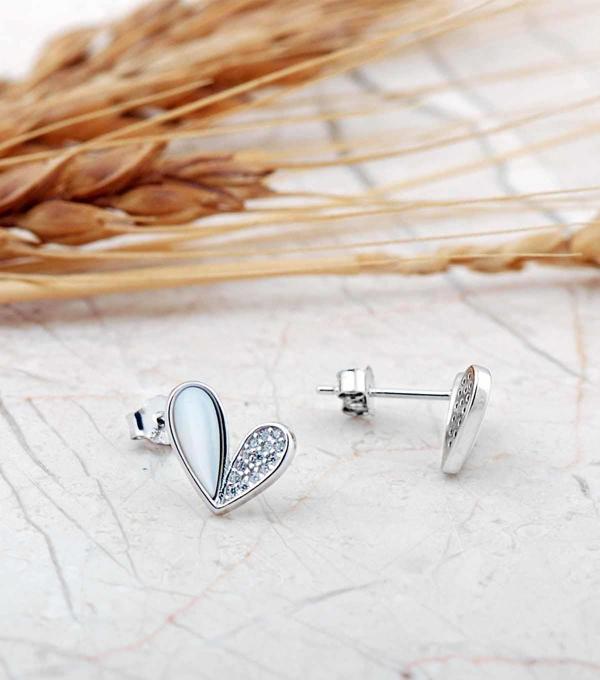 Sedef Taşlı Rodyumlu Kalp Mini Gümüş Küpe 7280 - Image 1