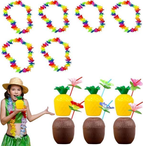 Tropikal Hawaii Parti Malzemeleri – Kolye, Pipet, Bardak Seti - Image 1