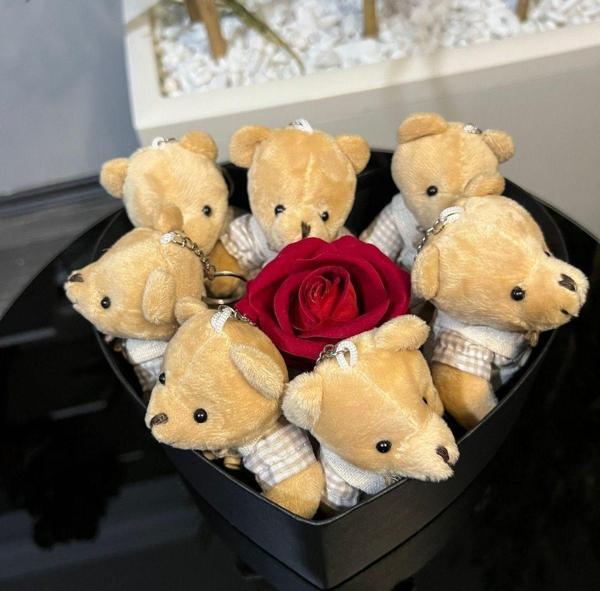 Flurose Sevgi Dolu Kalpli Hediye Kutu: 7 Adet Kıyafetli Sevimli Ayıcıklı Ve Solmayan Kırmızı Kadife Gül - Image 1