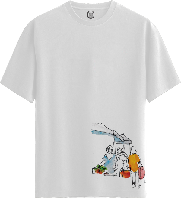 Market Scene - %100 Pamuklu Kadın Beyaz Tişört - Premium Quality - Image 1