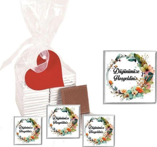 Agrand Madlen Çikolata Sargılı Düğün Modeli Çiçek Desenli 70 Adet Jelatin Poşetli Kalpli Etiketli - Image 1