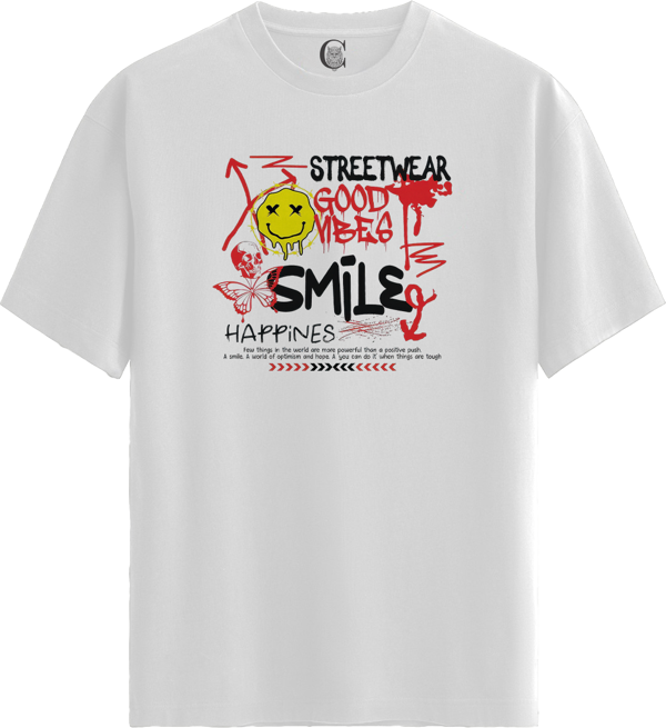 GoodVibes Smile - %100 Pamuklu Erkek Beyaz Tişört - Premium Quality - Image 1