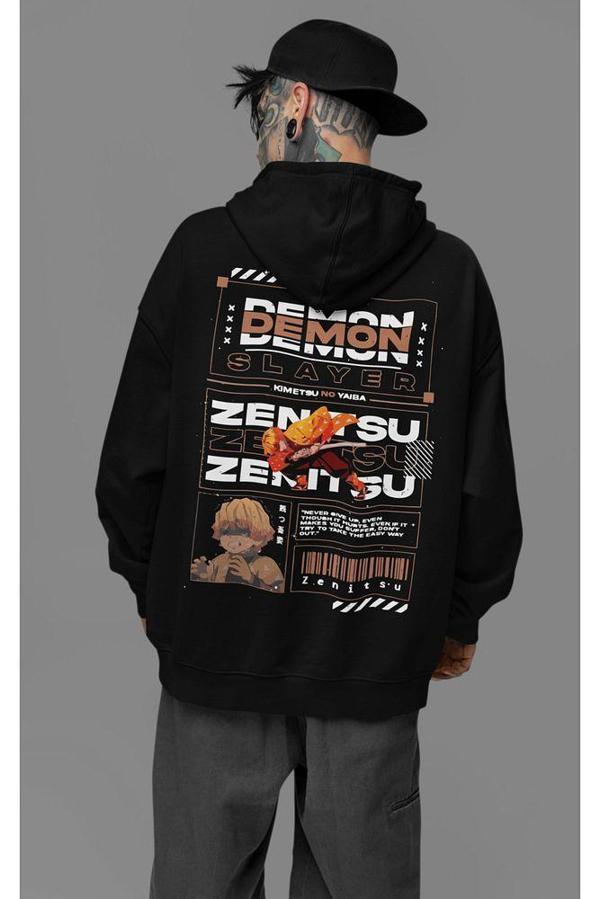 Demon Slayer Zenitsu Baskılı Unisex Oversize Anime Hoodie - Image 1