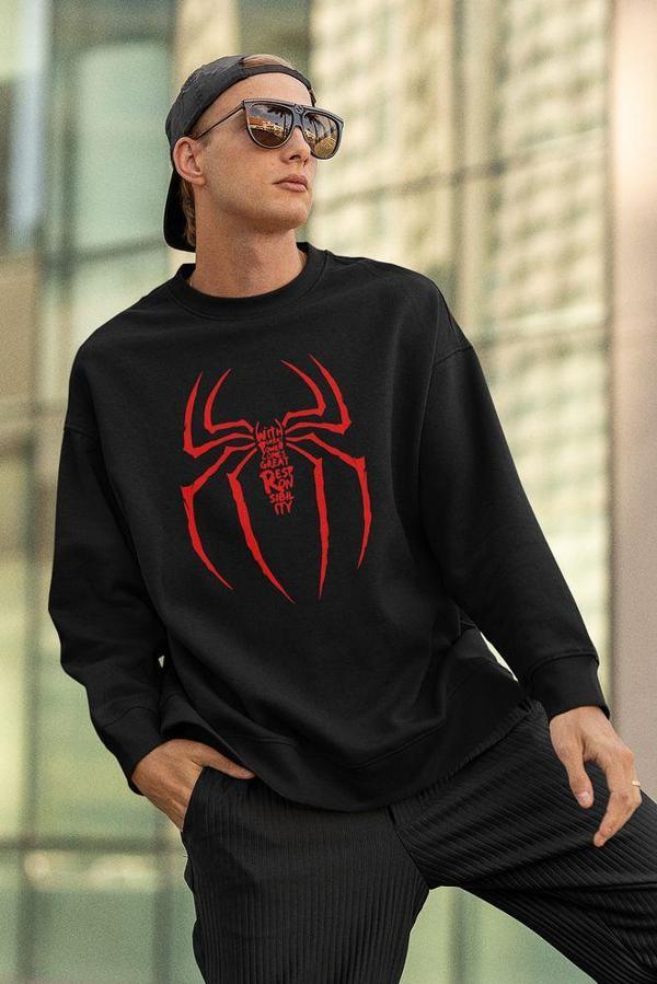 Spider-Man Tasarım Logo Baskılı Unisex Oversize Örümcek Sweatshirt - Image 1