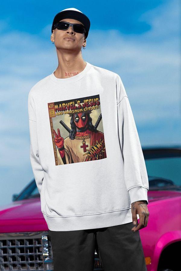 Marvel's Jesus Yazılı Unisex Oversize Deadpool Baskılı Sweatshirt - Image 1