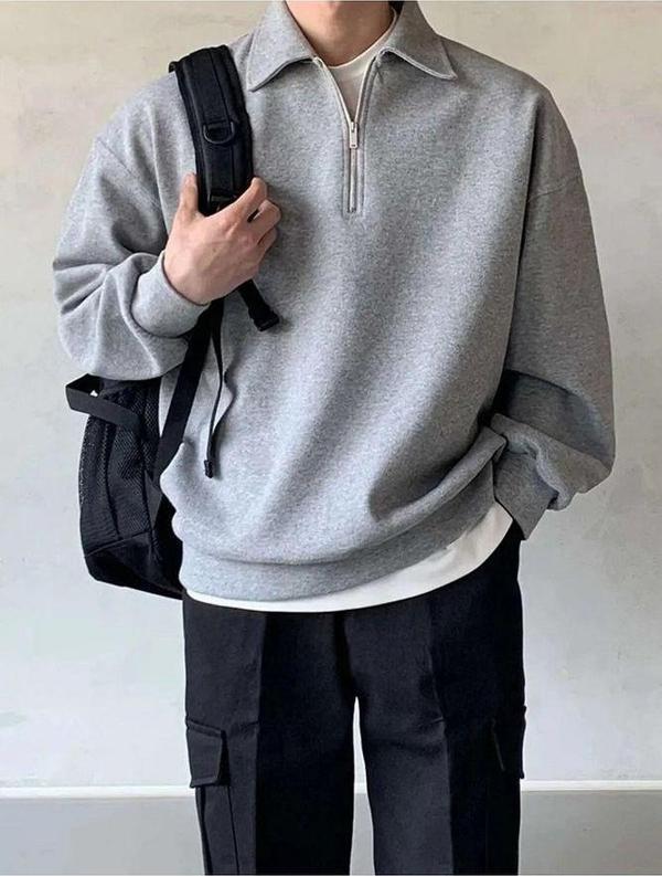Polo Yaka Yarım Fermuarlı Unisex Oversize Sweatshirt - Image 1