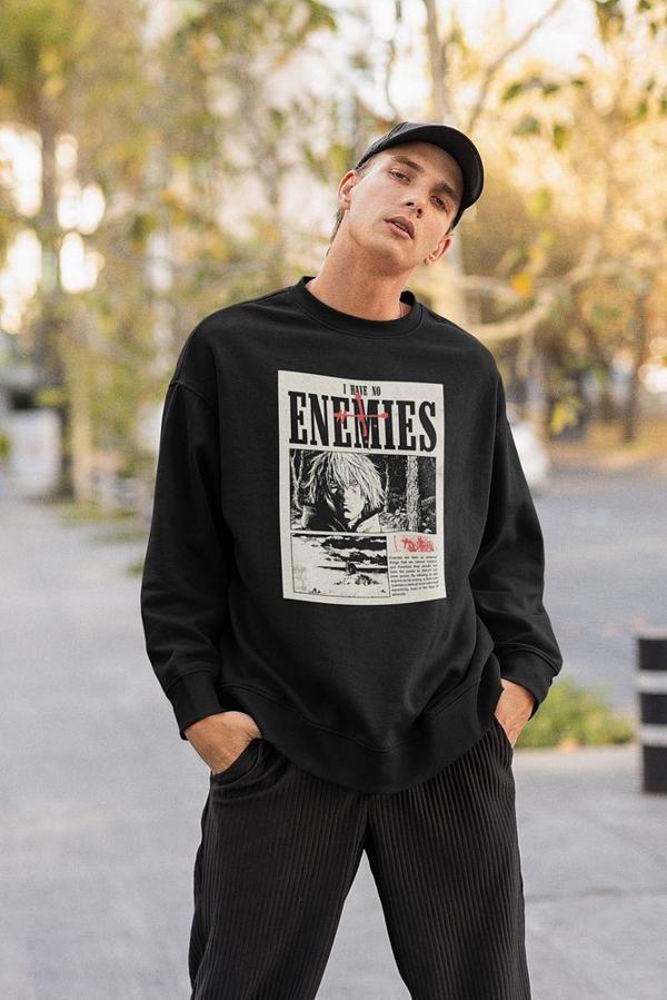 I Have No Enemies Yazılı Unisex Oversize Anime Sweatshirt - Image 1