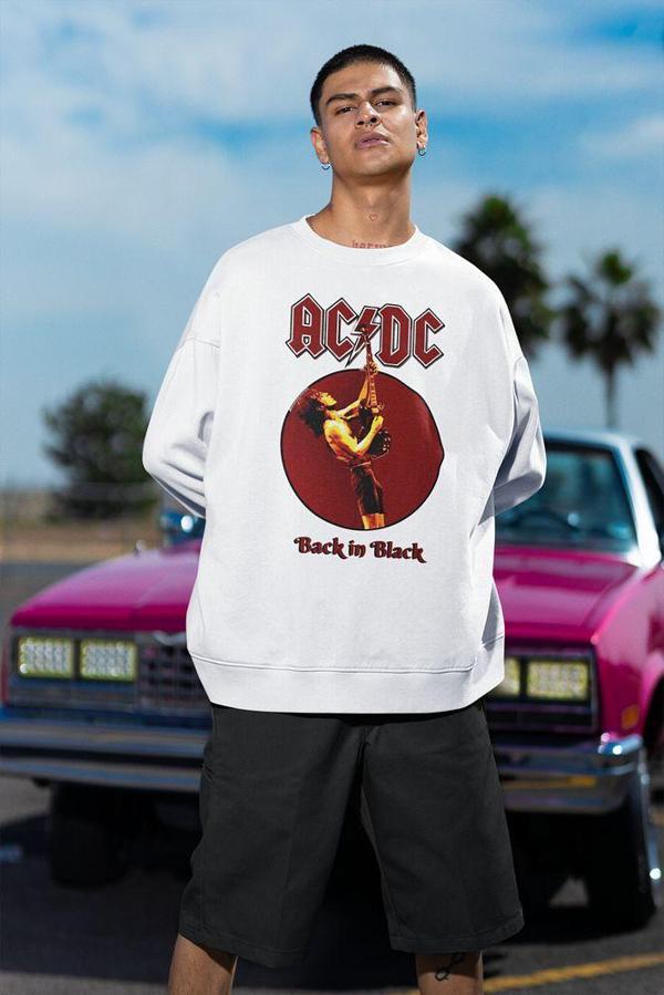 AC DC Back In Black Yazılı Unisex Oversize Rock Metal Sweatshirt - Image 1