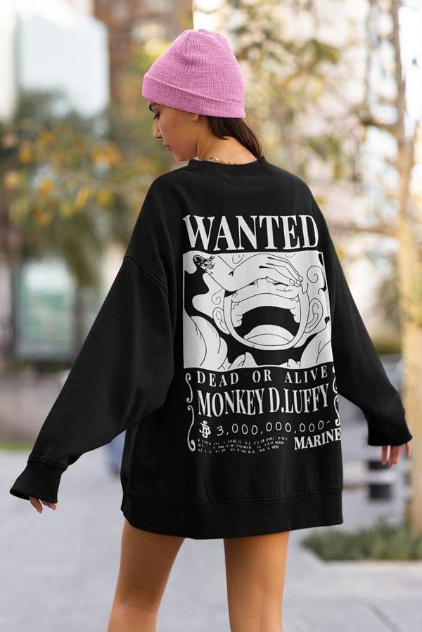 Wanted Monkey D. Luffy Baskılı Unisex Oversize Anime Sweatshirt - Image 1