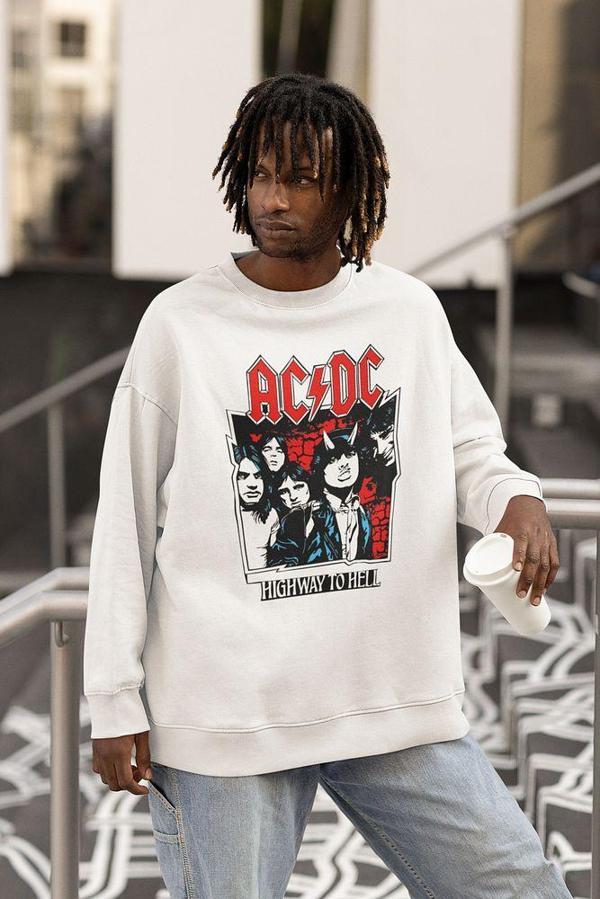 AC DC Highway To Hell Yazılı Unisex Oversize Rock Metal Sweatshirt - Image 1
