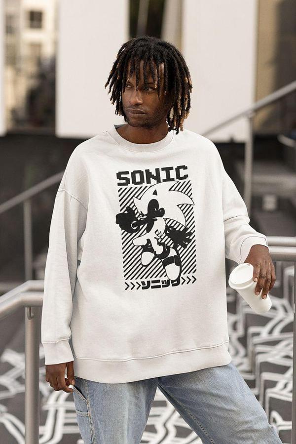 Tasarım Sonic Baskılı Unisex Oversize Çizgi Film Sweatshirt - Image 1