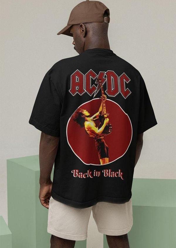 KOPYA - AC DC Back In Black Baskılı Unisex Oversize Rock Metal Tişört - Image 1