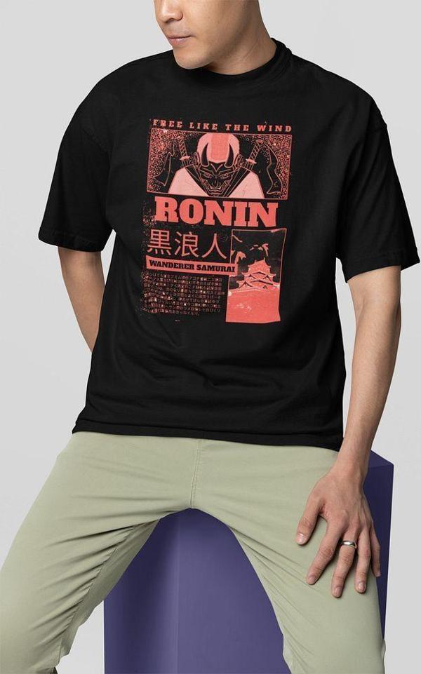 Free Like The Win Samurai Ronin Baskılı Unisex Tişört, Oversize Anime Tişört - Image 1