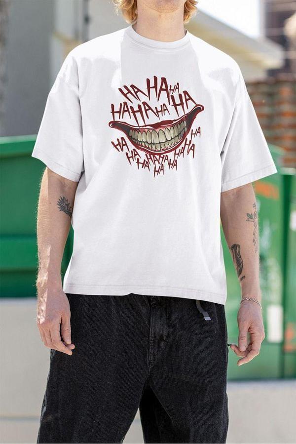 Joker Karakter Kahkaha Baskılı Unisex Oversize Tişört - Image 1