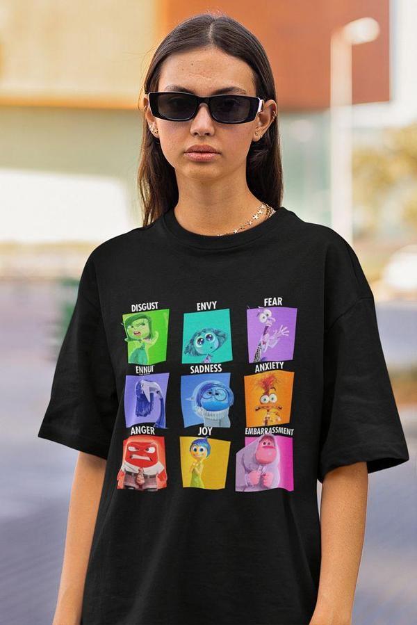 Ters Yüz Karakterler Çizgi Film Baskılı Unisex Tişört, Oversize Inside Outt Tişört - Image 1