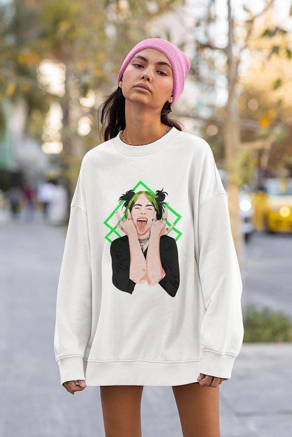 Billie Eilish Baskılı Unisex Oversize Şarkıcı Sweatshirt - Image 1
