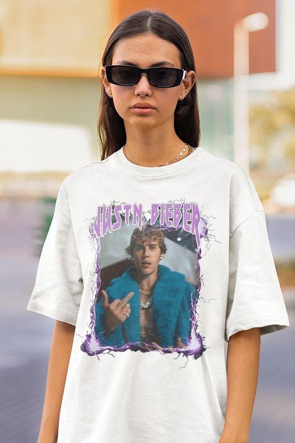 Justin Bieber Baskılı Unisex Oversize Şarkıcı Tişört - Image 1