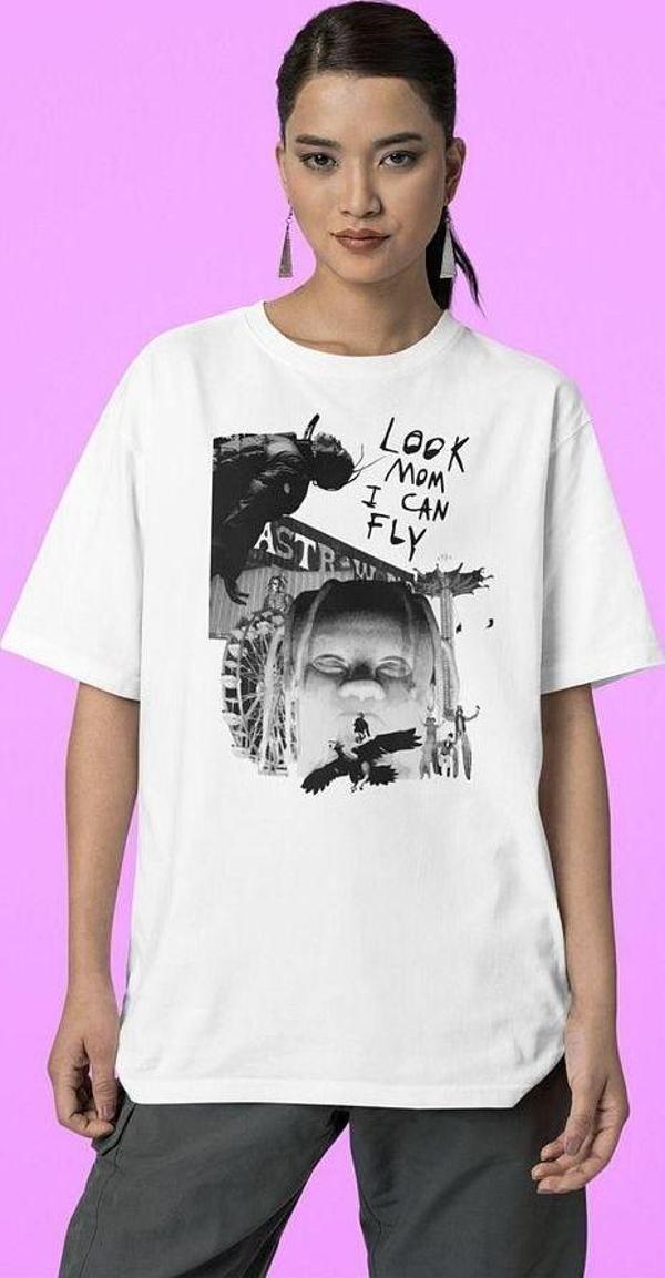 Look Mom I Can Fly Travis Scott Baskılı Unisex Tişört, Oversize Rapper Rap Tişört - Image 1