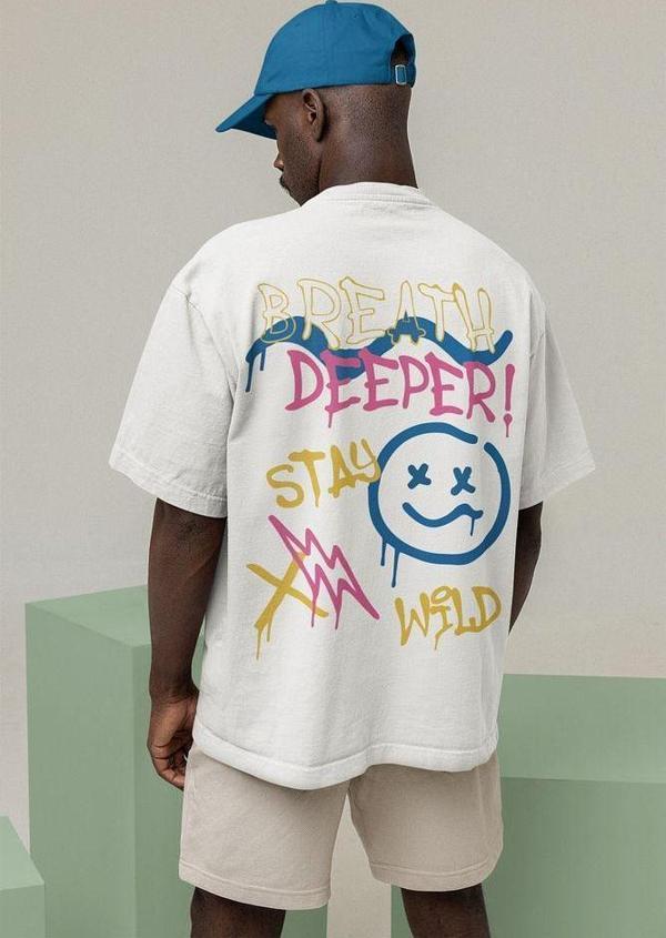 Breath Deeper Yazılı Unisex Oversize Tasarım Tişört - Image 1