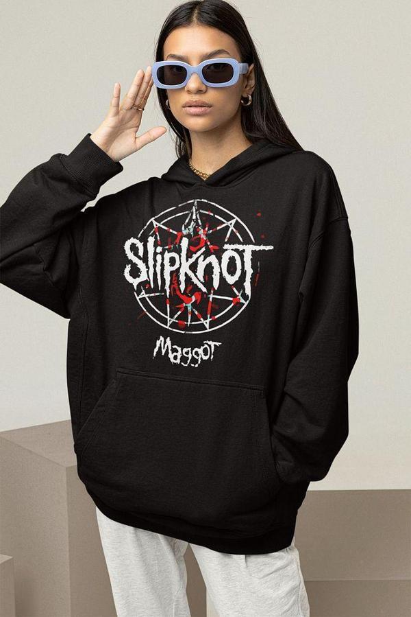 Slipknot Maggot Yazılı Unisex Oversize Rock Metal Hoodie - Image 1