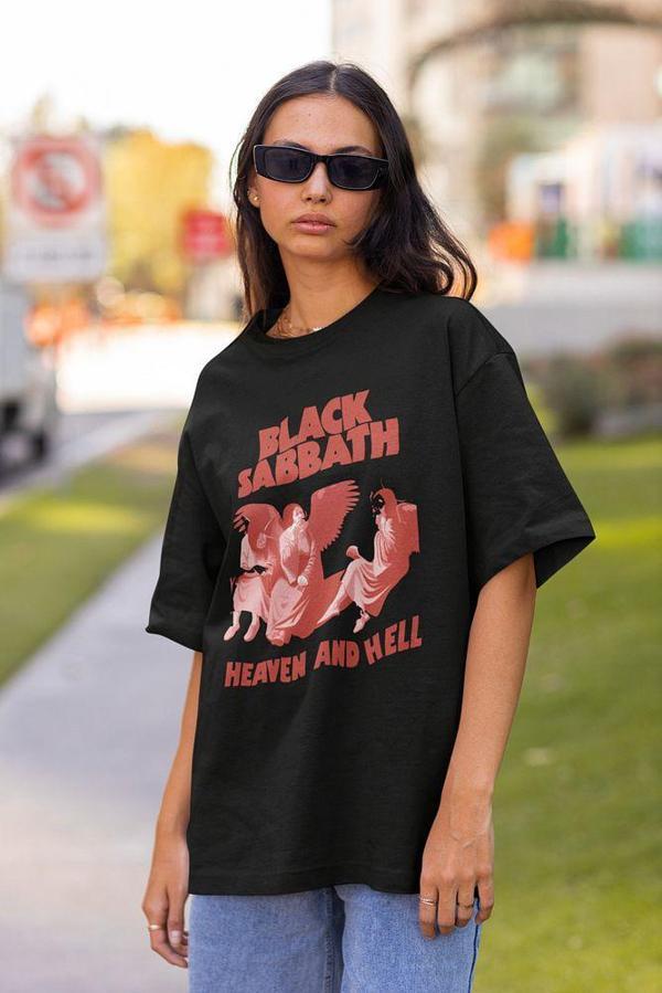 Black Sabbath Heaven And Hell Müzik Grubu Baskılı Unisex Tişört, Oversize Rock Metal Tişört - Image 1