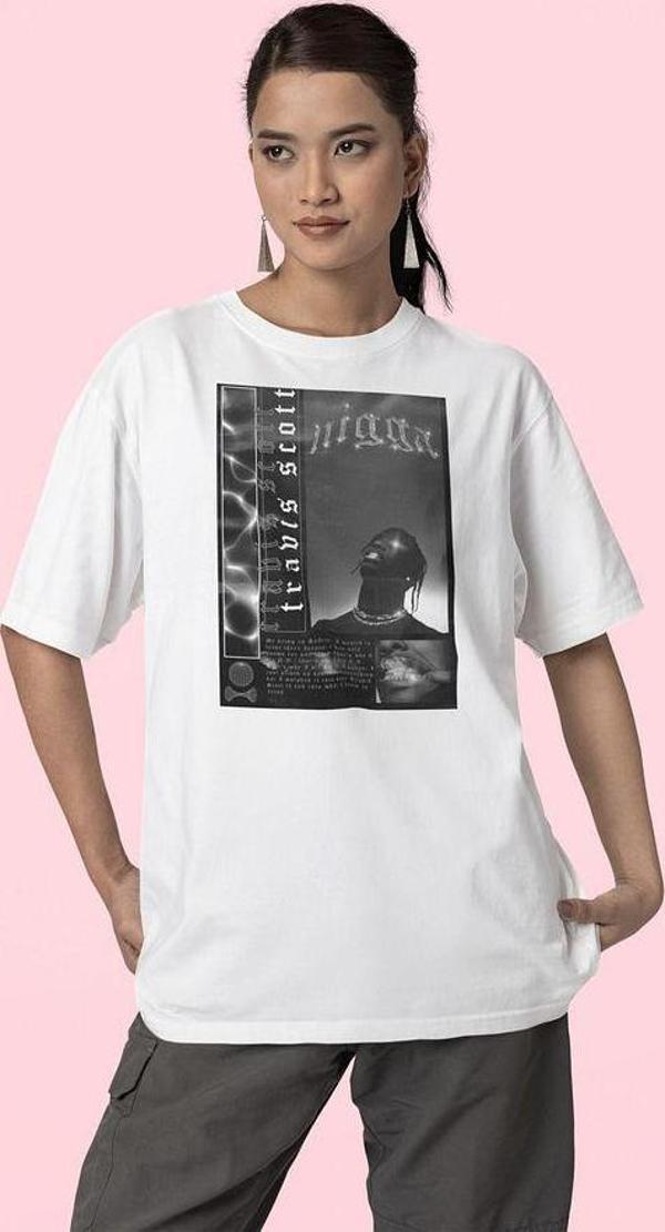 Nigga Travis Scott Rapper Baskılı Unisex Oversize Rap Tişört - Image 1