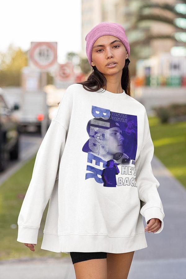 Justin Bieber He Is Back Yazılı Unisex Oversize Şarkıcı Sweatshirt - Image 1