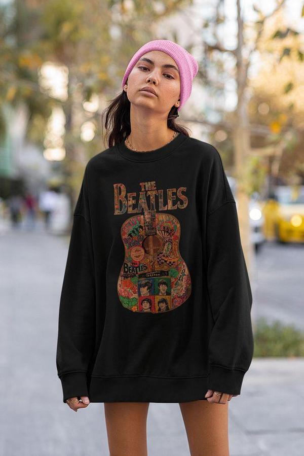 The Beatles Tasarım Gitar Baskılı Unisex Oversize Müzik Grubu Sweatshirt - Image 1