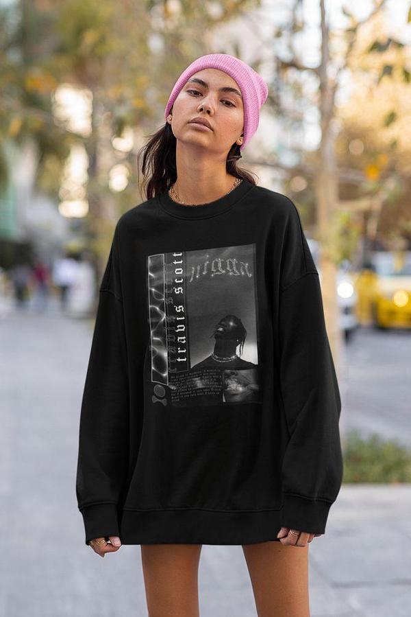 Nigga Travis Scott Rapper Baskılı Unisex Oversize Rap Sweatshirt - Image 1