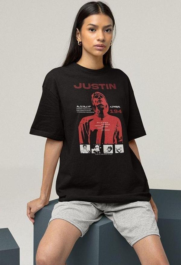 Tasarım Şarkıcı Justin Bieber Baskılı Unisex Oversize Tişört - Image 1