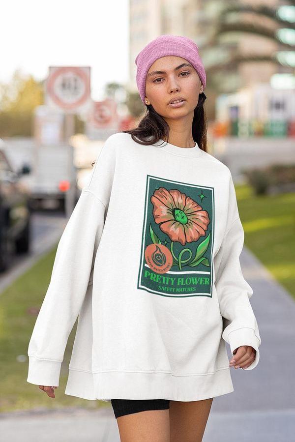 Pretty Flower Baskılı Unisex Oversize Sweatshirt - Image 1