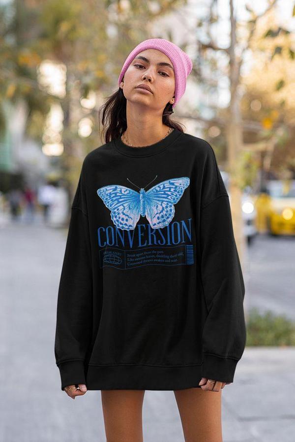 Conversion Kelebek Baskılı Unisex Oversize Tasarım Sweatshirt - Image 1