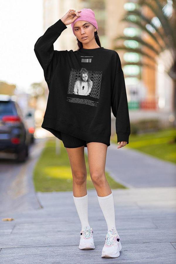 Billie Eilish Baskılı Unisex Oversize Şarkıcı Sweatshirt - Image 1