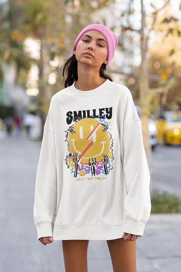 Smilley Forget Your Problem Baskılı Unisex Oversize Tasarım Sweatshirt - Image 1