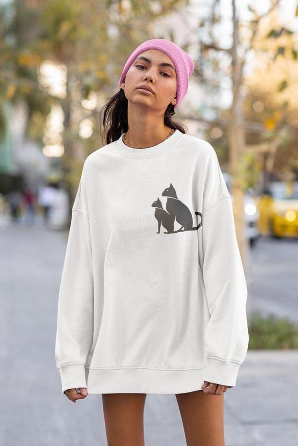 Minimalist Kedi Baskılı Unisex Oversize Sweatshirt - Image 1