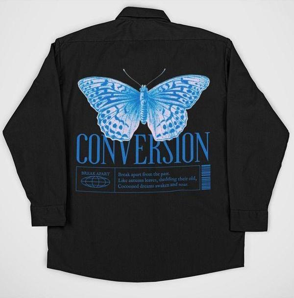 Butterfly Conversion Yazılı Unisex Kelebek Tasarım Cepli Gömlek - Image 1