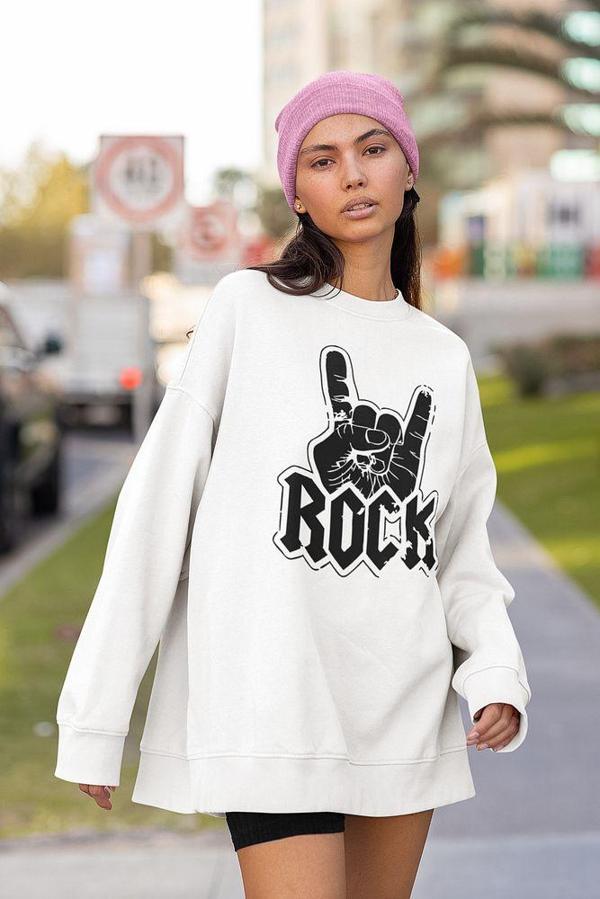 Rock In Roll Baskılı Unisex Oversize Sweatshirt - Image 1
