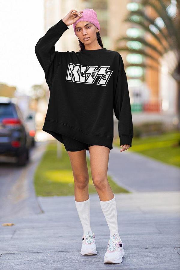 Kiss Müzik Grubu Yazılı Unisex Oversize Sweatshirt - Image 1
