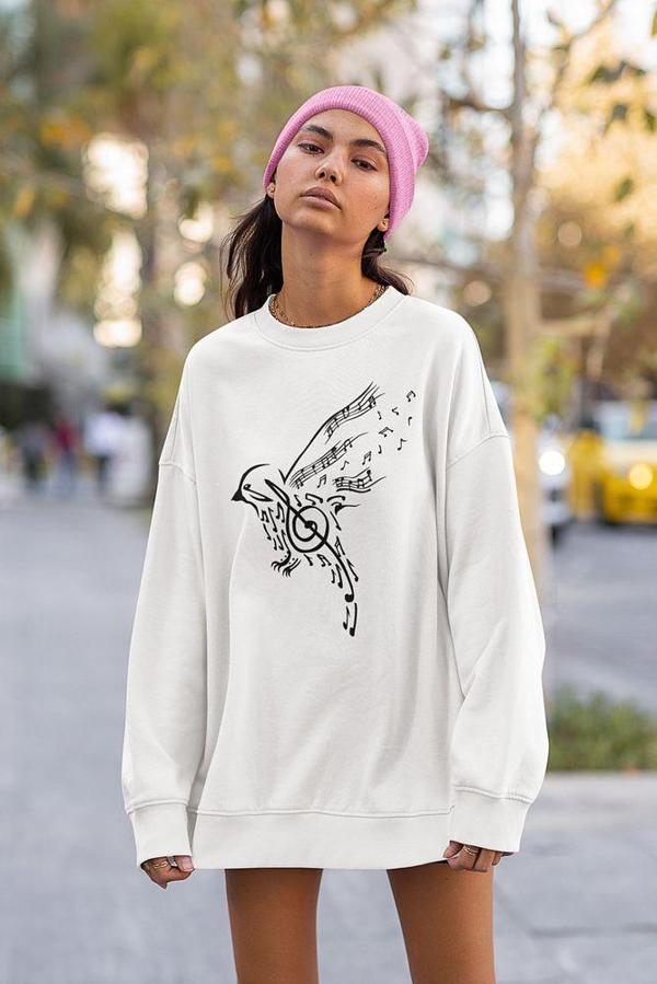 Kuş Nota Baskılı Unisex Oversize Tasarım Sweatshirt - Image 1