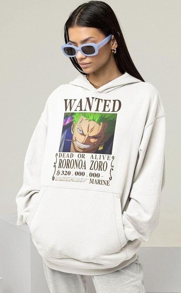 Wanted Roronoa Zoro Baskılı Unisex Oversize Anime Hoodie - Image 1