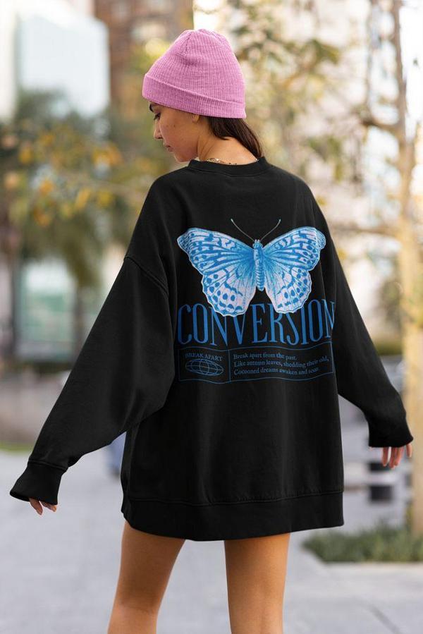 Tasarım Kelebek Baskılı Unisex Oversize Conversion Sweatshirt - Image 1