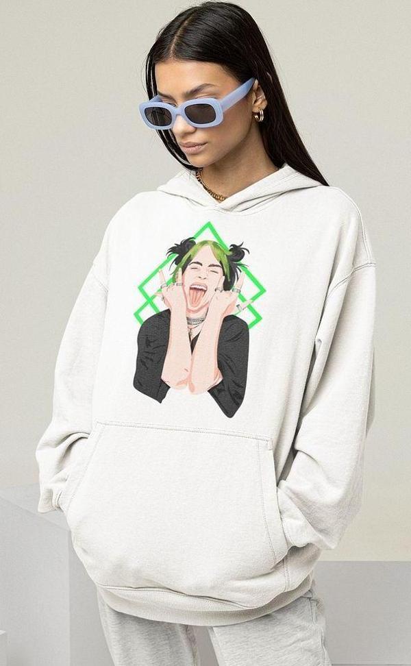 Billie Eilish Baskılı Unisex Oversize Şarkıcı Hoodie - Image 1
