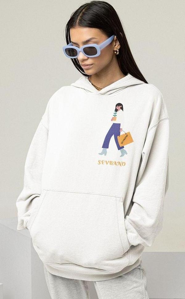 Özel Tasarım Çantalı Kadın Baskılı Unisex Oversize Hoodie - Image 1