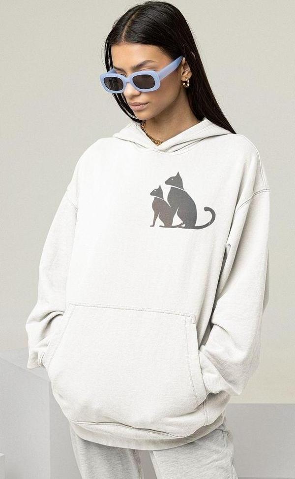 Minimalist Kedi Baskılı Unisex Oversize Hoodie - Image 1