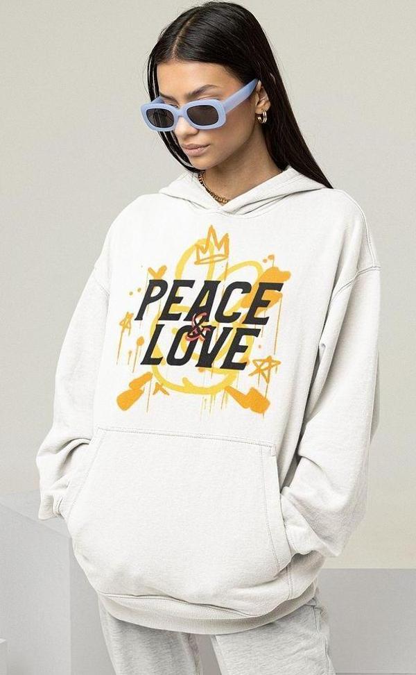 Peace Love Yazılı Unisex Oversize Hoodie - Image 1