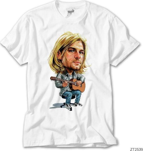 Wakha Kurt Cobain Cartoon Beyaz Tişört - Image 1