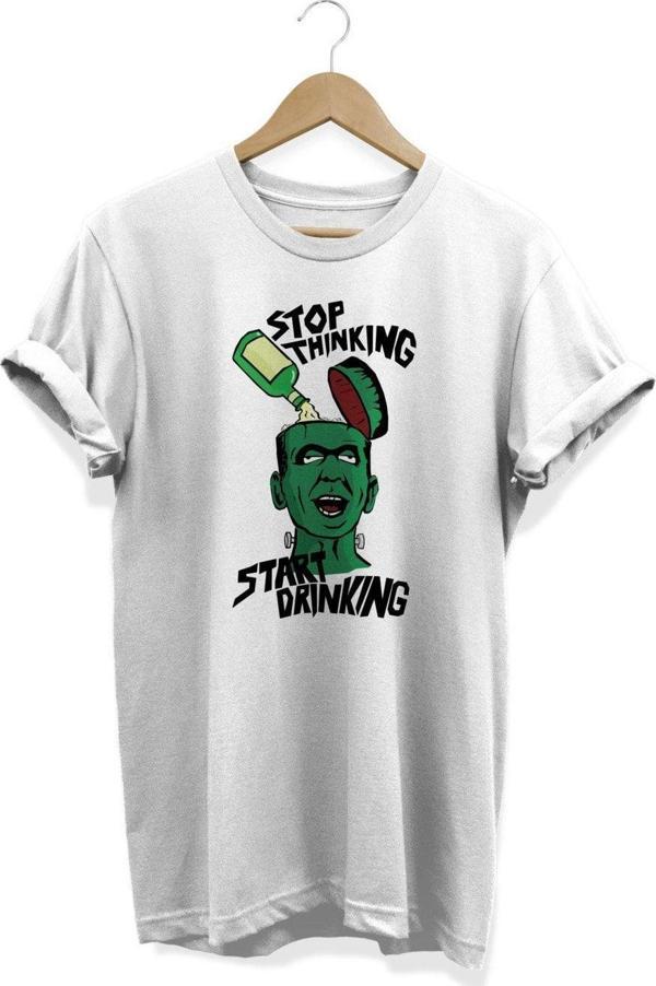 Remonz Stop Thinking Start Drinking Frankesntein Baskılı Beyaz T-Shirt - Image 1