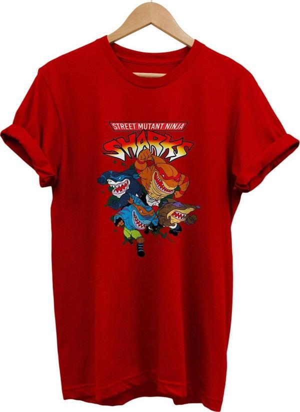 Remonz Ninja Sharks Baskılı %100 Pamuk Basic T-Shirt Normal Beden Tişört - Image 1