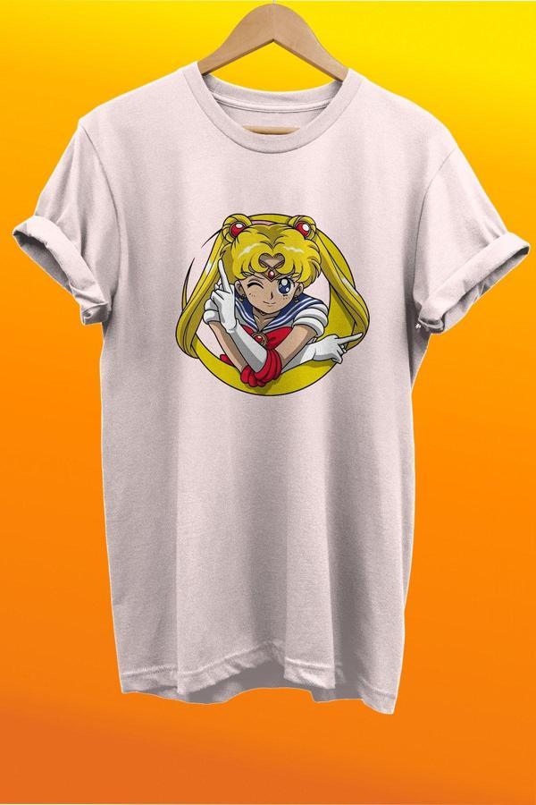 Remonz Sailor Moon Usagi Tsukino Baskılı %100 Pamuk Basic T-Shirt Normal Beden Tişört - Image 1